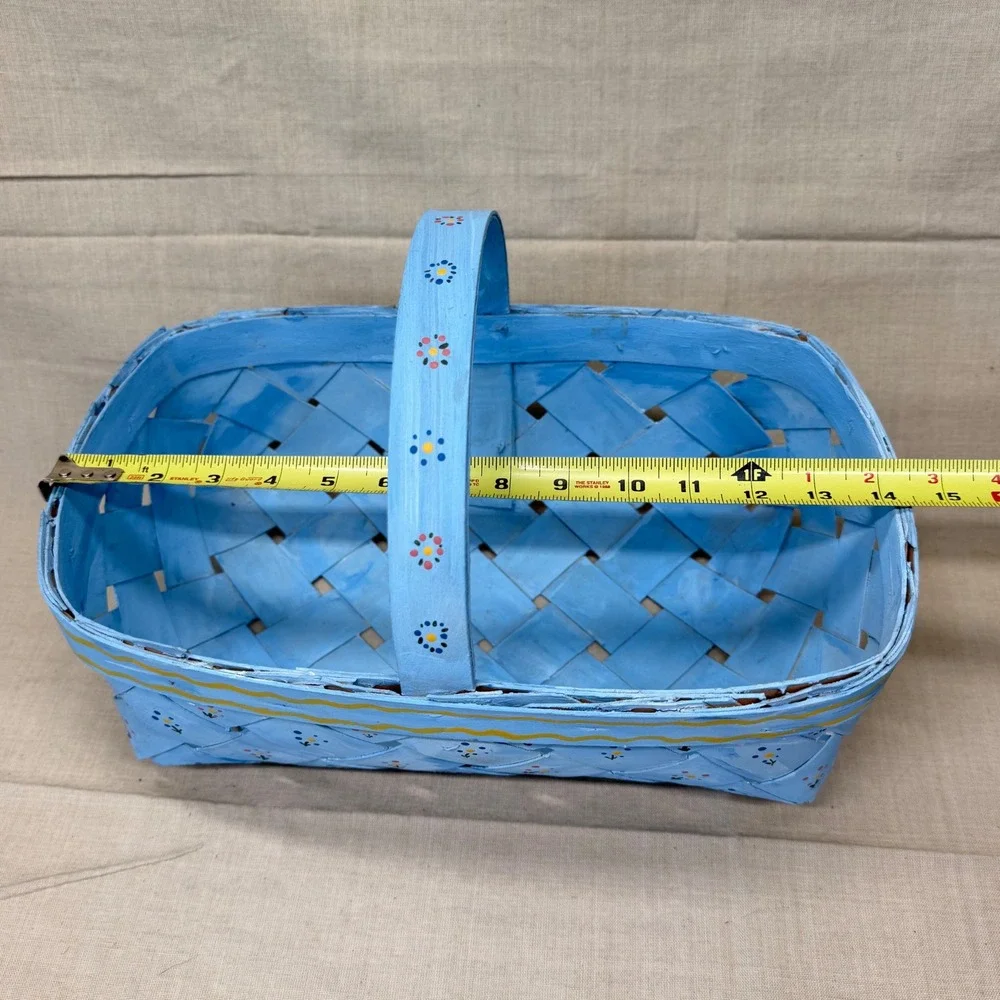 Vintage Blue Hand Painted Basket‎ Cottagecore Storage Easter Gathering Basket